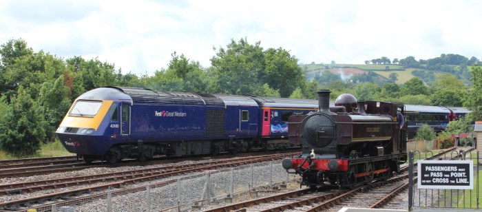 South Devon Railway Totnes Littlehempston July 2015 - 57xx class Pannier Tank London Transport L.92 and First Great Western HST 43180