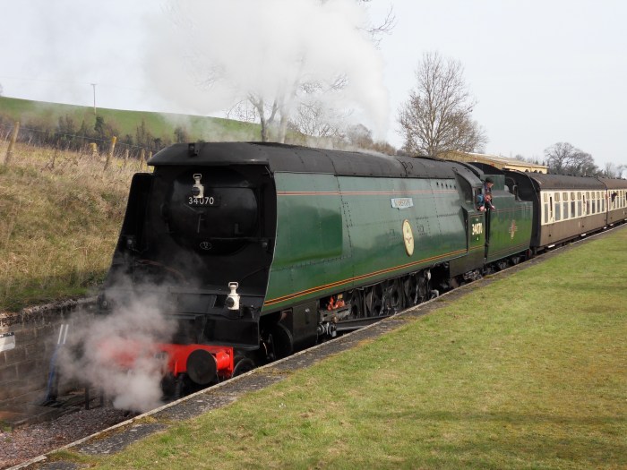 SR Bulleid Pacific West Country 34070 Manston awaits the off at Washford