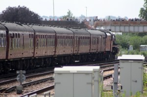 49th Commemoration of The End of Southern Steam 9th July 2016 Railway Touring Company West Coast Eastleigh (23) No. 45699 Ex-LMS BR Crimson Stanier Jubilee 6P class 45699 Galatea Campbell Road bridge